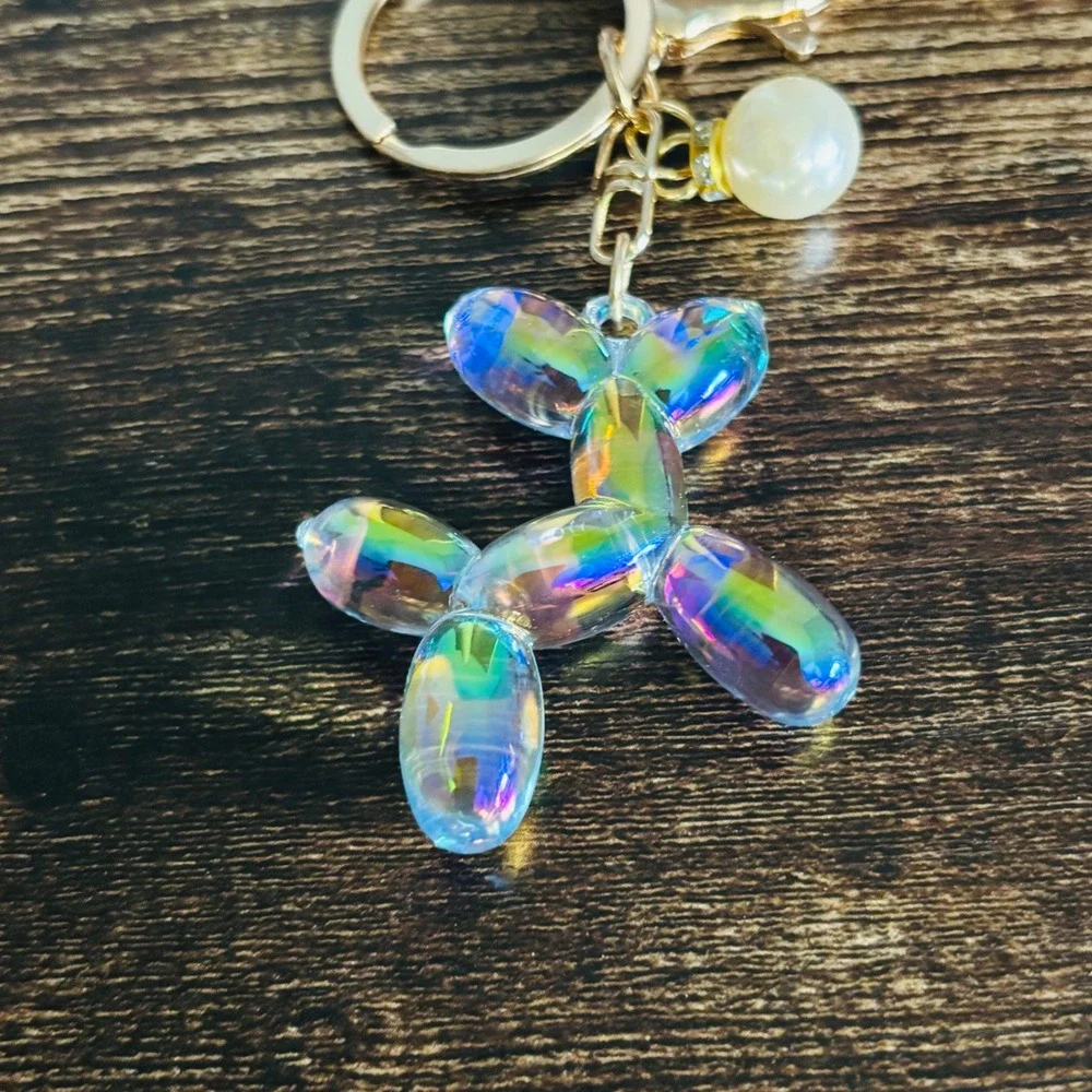Iridescent Balloon Dog Keychain Gold Tone Bag Charm with Pearl Accent Pop Art